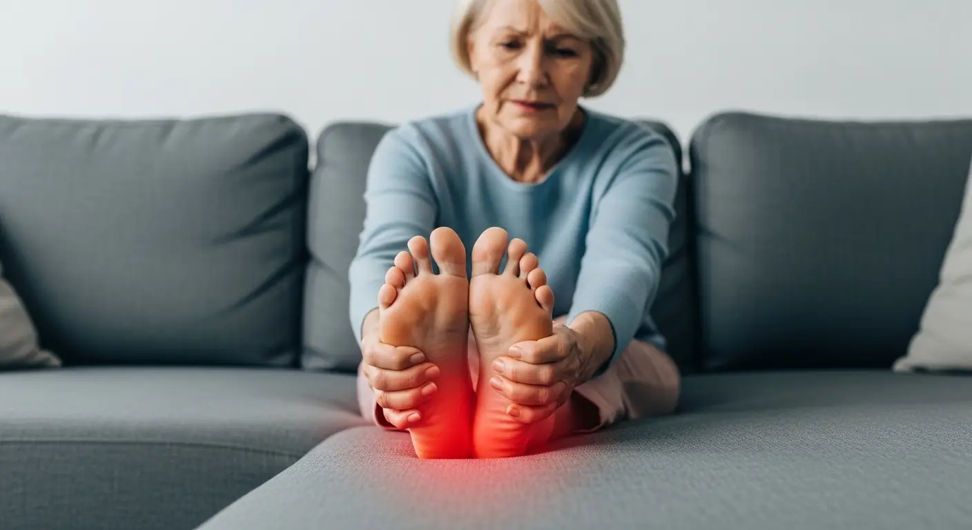 Person mit brennenden Fußschmerzen auf dem Sofa